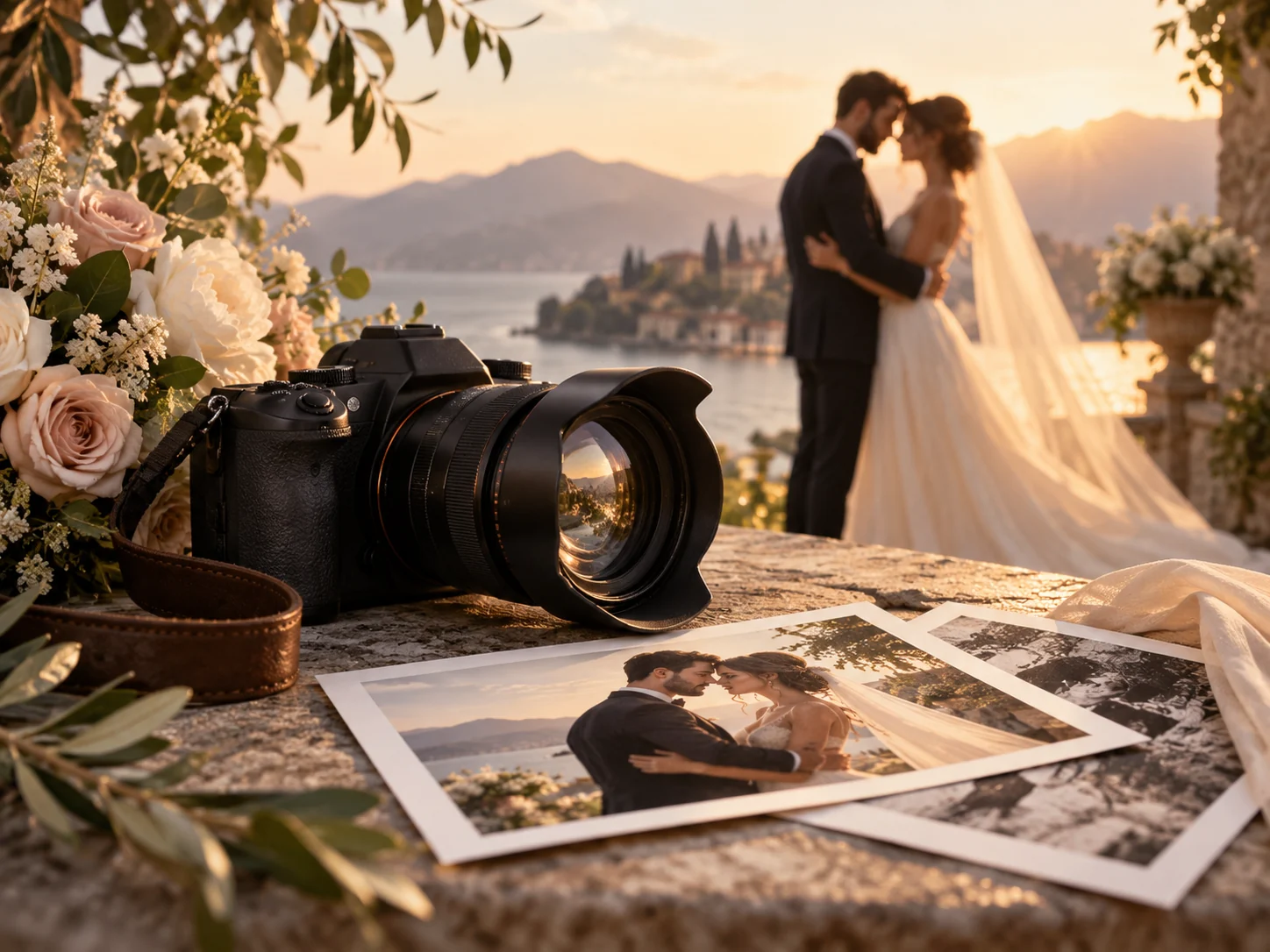 A camera and printed photographs on a stone wall, with a couple embracing at golden hour by a lake behind