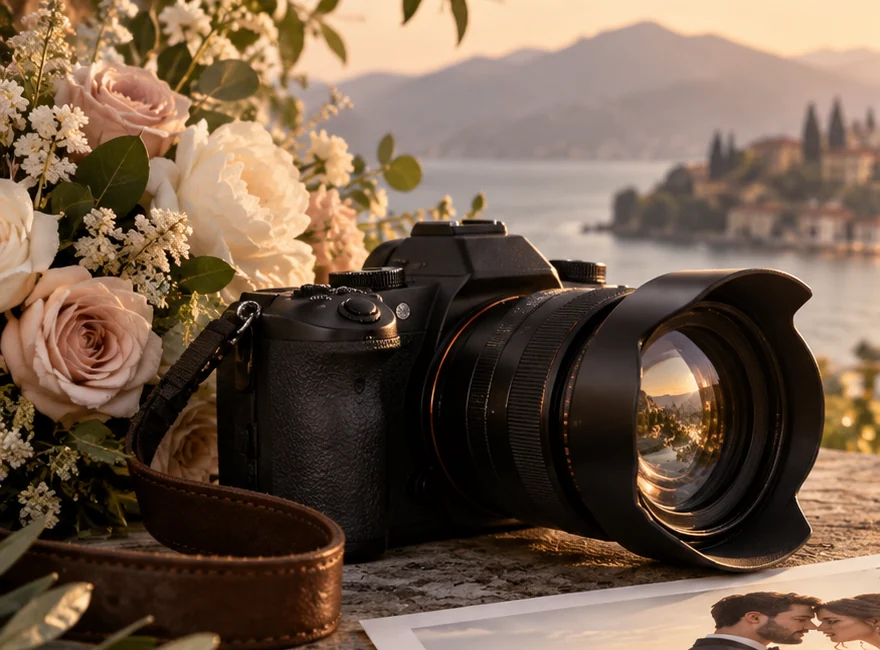 A black camera with a flower bouquet and leather strap on a sunlit stone wall