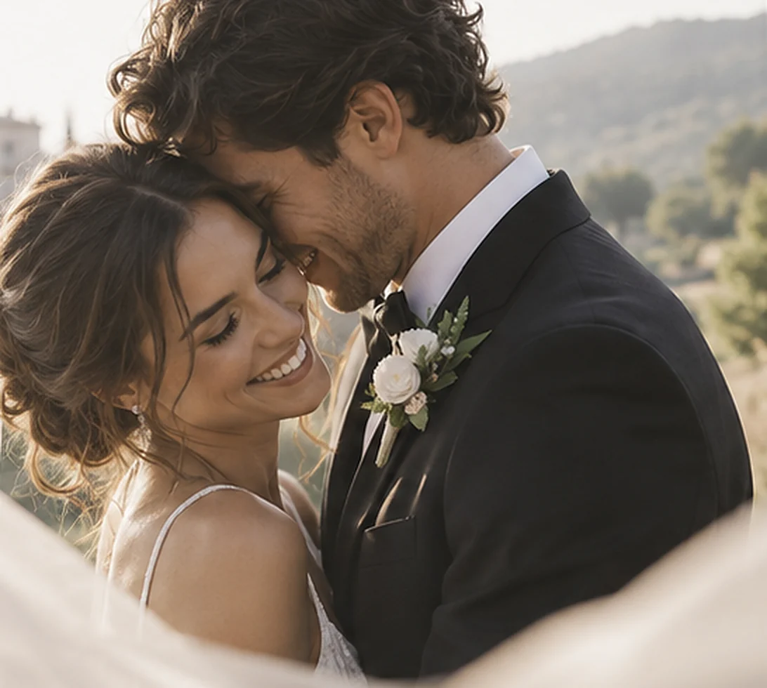 A smiling bride and groom close together, her veil drifting past