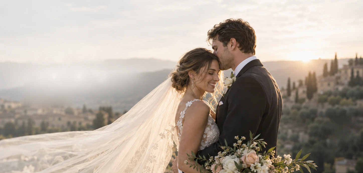 A bride and groom embracing on a Tuscan hillside at golden hour, her long veil blowing in the wind