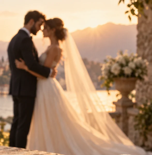 A bride and groom touching foreheads on a lakeside terrace at golden hour