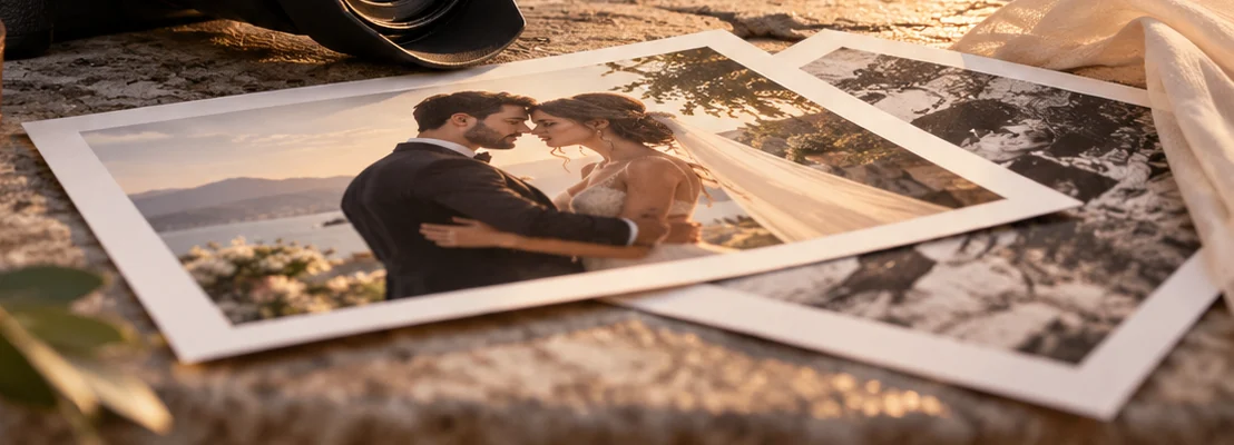 Printed wedding photographs resting on a stone ledge
